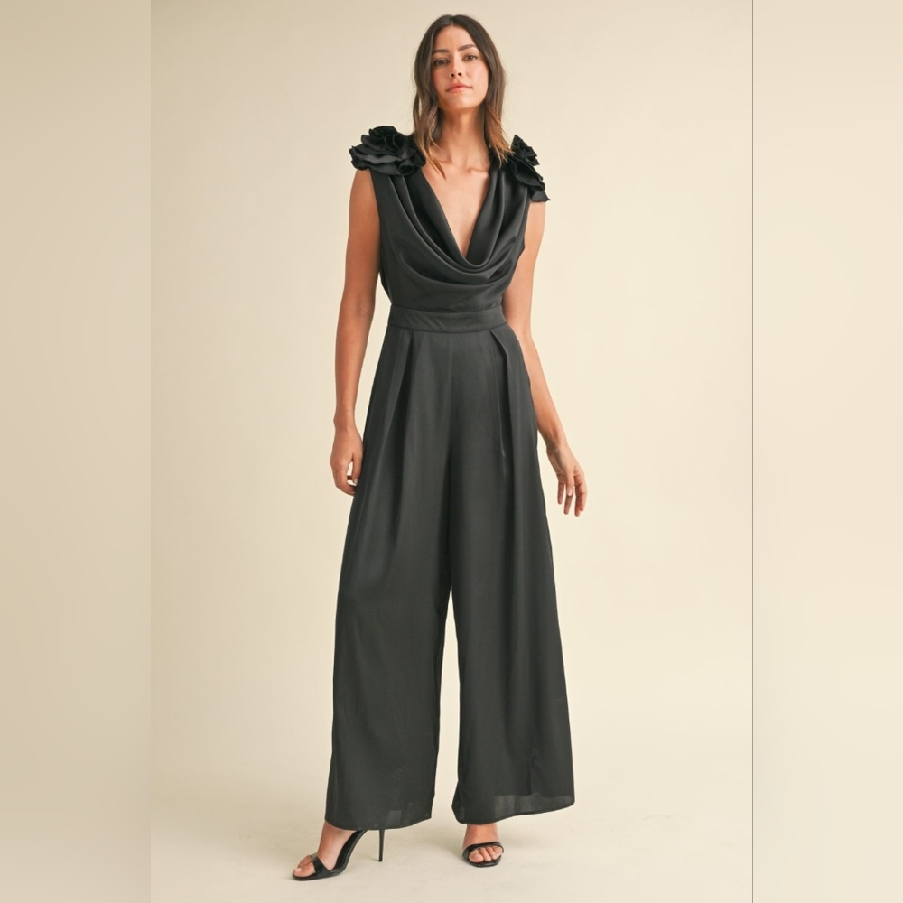MABLE 3D Floral Applique Deep Cowl Neck Jumpsuit